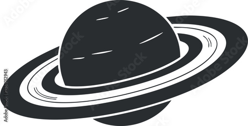 Black and white illustration of a planet with rings, resembling Saturn, in a minimal style.