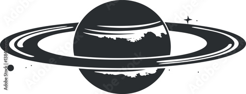 Monochrome illustration of a ringed planet resembling Saturn, showcasing its iconic rings and celestial presence.