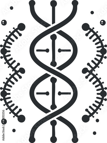 Illustration of a DNA helix structure with surrounding molecular elements, symbolizing genetics and biology.
