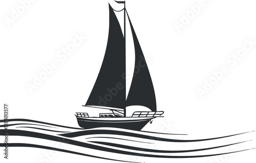 Silhouette of a sailboat skimming over stylized waves, capturing a sense of nautical adventure.