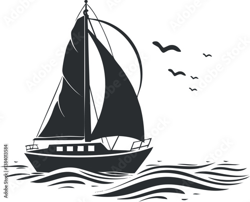 Black and white silhouette of a sailboat on the ocean with birds in the sky.