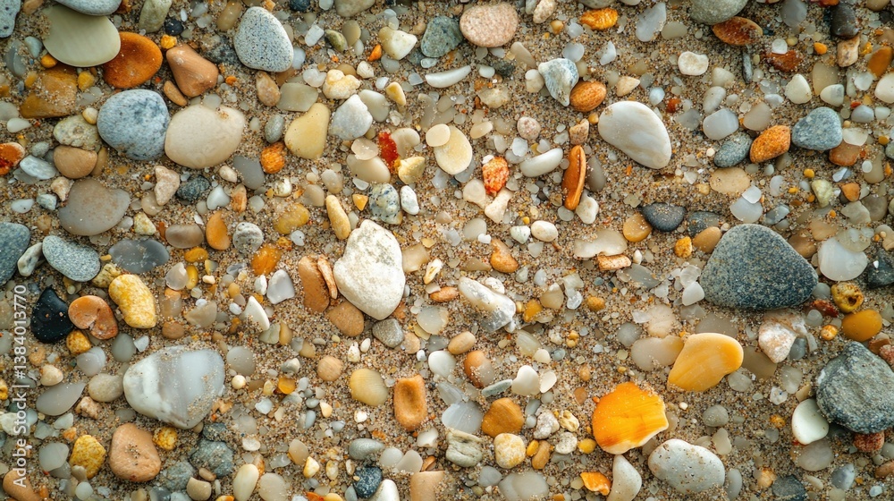 A variety of rocks and pebbles along the edge of a sandy beach. A variety of rocks and pebbles along the edge of a sandy beach.