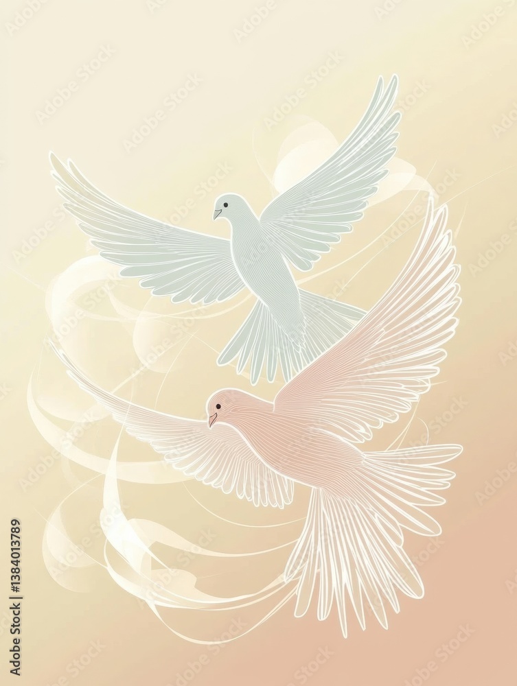 Obraz premium Elegant logo of two doves flying together against a soft pastel sky background symbolizing peace and love in modern design