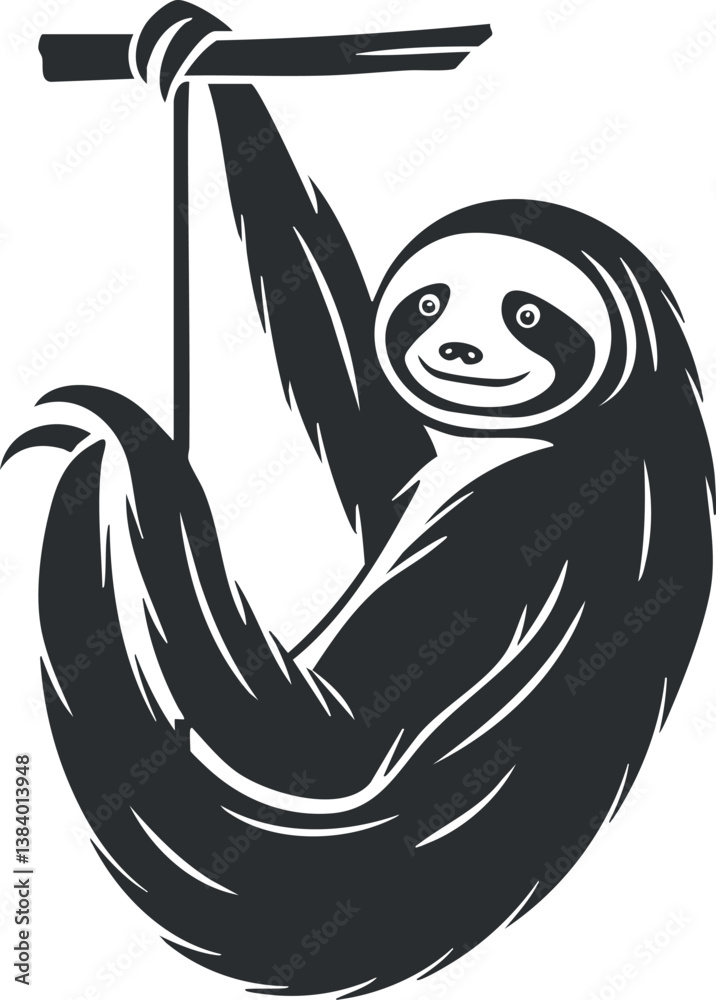 Obraz premium Monochrome illustration of a sloth hanging from a branch, stylized in a simple design.