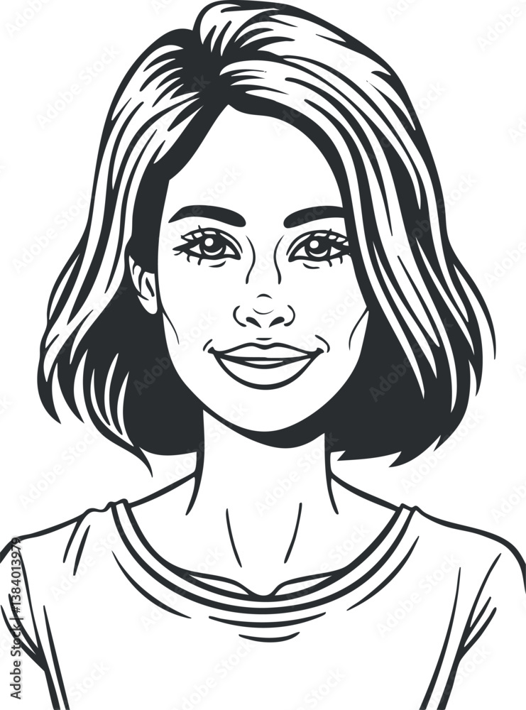 Black and white illustration of a smiling woman with short hair and casual attire. Black and white illustration of a smiling woman with short hair and casual attire.