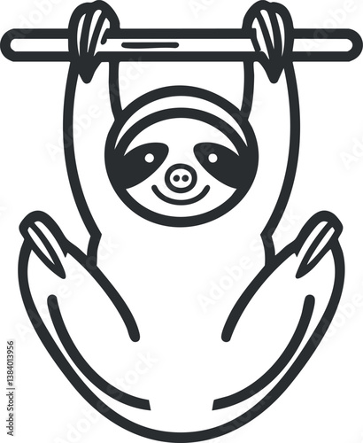 Cute cartoon sloth hanging from a branch in black and white outline illustration.