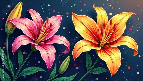 Intricate line art lilies, graceful stems, all-over print , wallpaper, floral, lily
