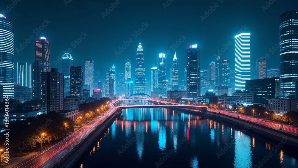 Fototapeta premium Illuminated Futuristic Cityscape with Glowing Skyscrapers, Neon Lights, and Technology-Driven Smart Urban Infrastructure – Digital Modern City of the Future Concept
