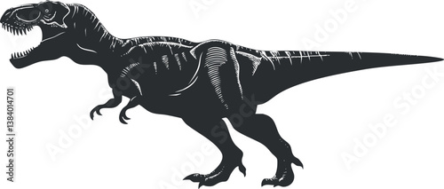 Black and white illustration of a Tyrannosaurus dinosaur in a dynamic pose.