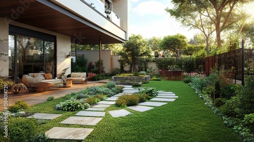 Stylish house's backyard garden.