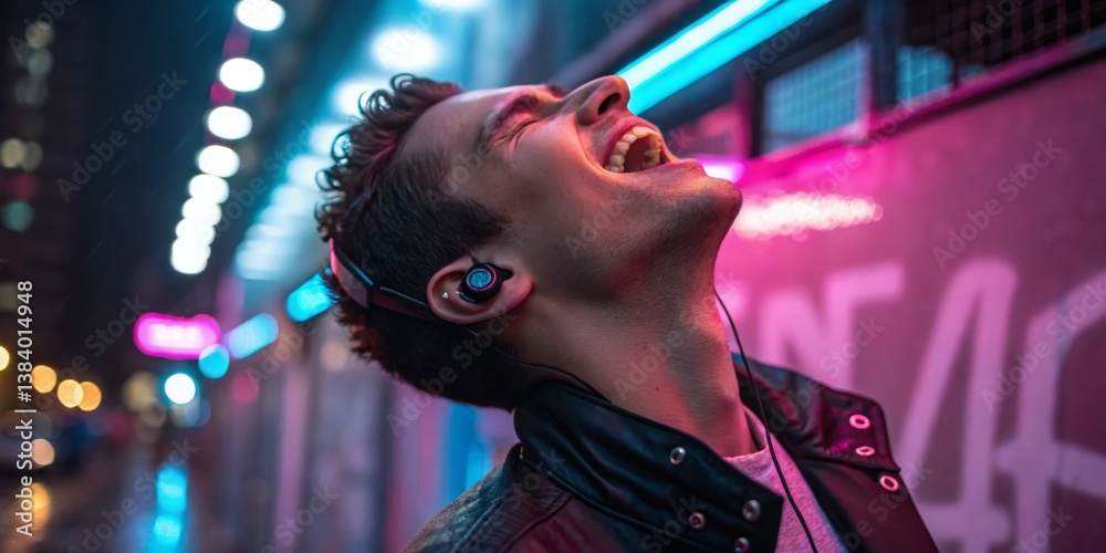 Young man enjoys music while laughing in a vibrant urban setting at night