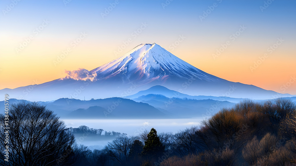 Fototapeta premium Snowy Volcano Peak Sunrise View