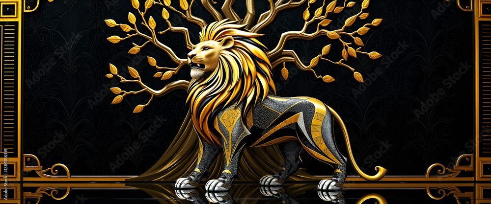 Hyper-Realistic Art Deco Lion & Tree – Stunning High-Definition Artwork, No 276