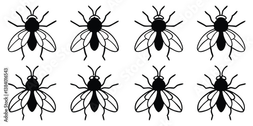 Seamless Pattern of Black and White Flies, Insect Icons Vector Illustration.