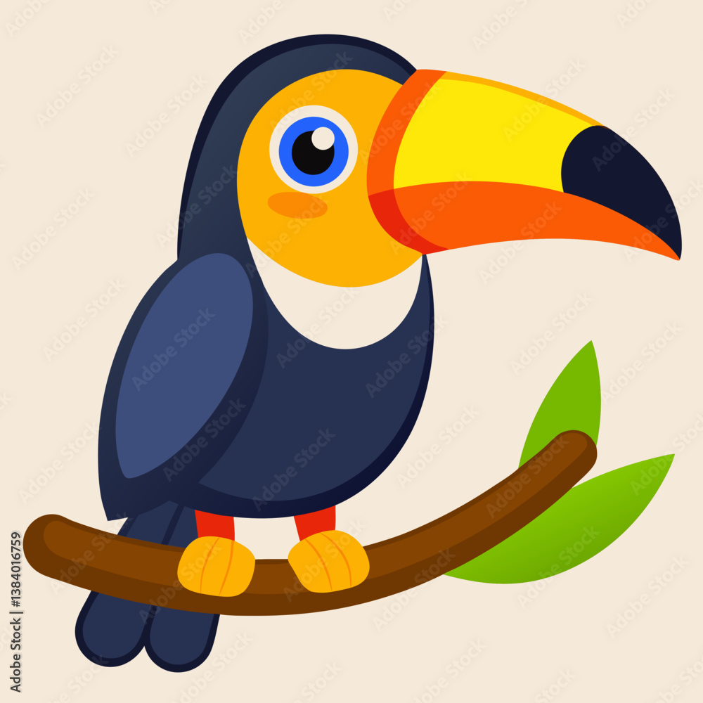 Obraz premium A cheerful toucan perched on a branch, enjoying a sunny day in a vibrant tropical paradise with bold colors and simple lines.