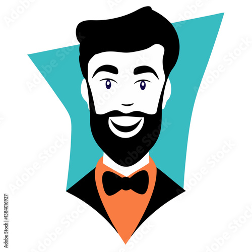 A jovial bearded man in a bow tie, radiating happiness and charm against a teal backdrop.