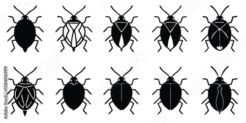 Graphic vector illustration of ten chinch bugs with different patterns on their backs.
