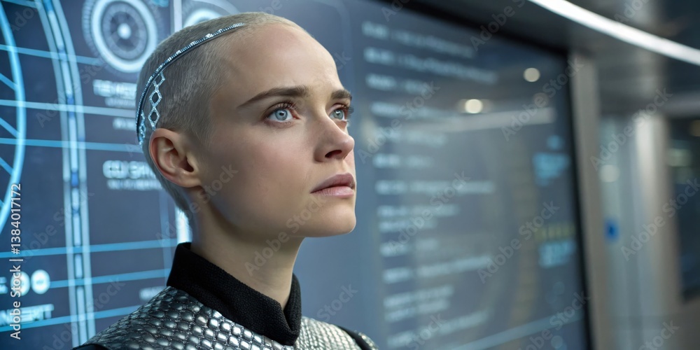Cyborg woman displaying advanced technology in a futuristic setting with digital screens