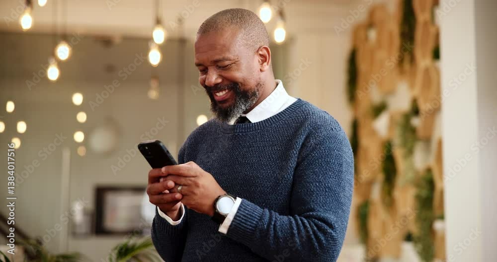 Lobby, black man and typing with phone at hotel for communication, chat or checkin notification. Happy, mature person or tourist with smile on smartphone for online accommodation, search or schedule