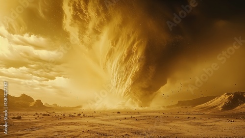 Una tormenta de arena masiva se eleva sobre un paisaje desértico, con montañas en la distancia y un cielo nublado.