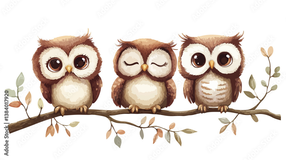 Fototapeta premium Adorable Baby Owls in Vector Illustration Isolated on White Background