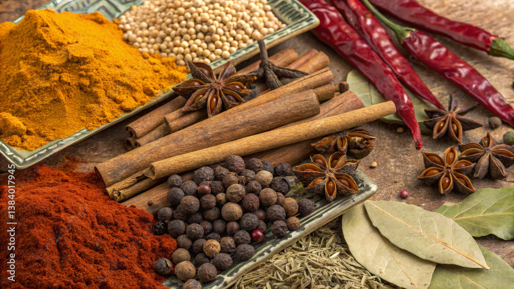 Fototapeta premium Vintage grunge colorful collage background with different spices theme. Different textures and shapes