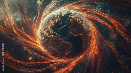 Stunning digital art depicting Earth enveloped by fiery, glowing energy streams.  Perfect for illustrating global connectivity, technology, energy, or environmental themes.
