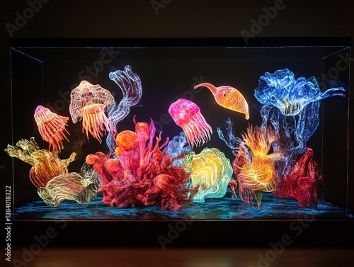 Holographic display showing bioluminescence evolution deep sea species morphing under various colors represent adaptive changes under pressure a dark environment highlighted in ambient light tones photo
