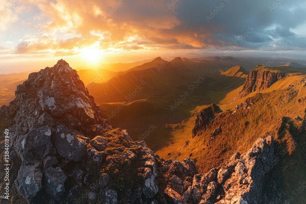 Spectacular sunset over rugged mountains with rocky outcrops, sky full of clouds and a vast sense of solitude.