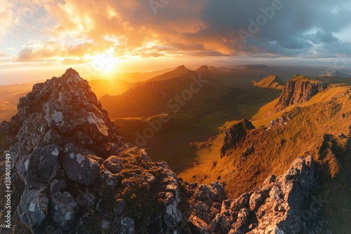 Obraz na płótnie Spectacular sunset over rugged mountains with rocky outcrops, sky full of clouds and a vast sense of solitude. w salonie