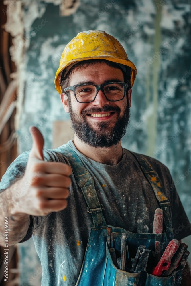 Man in hard hat, thumbs up, smiling, construction site