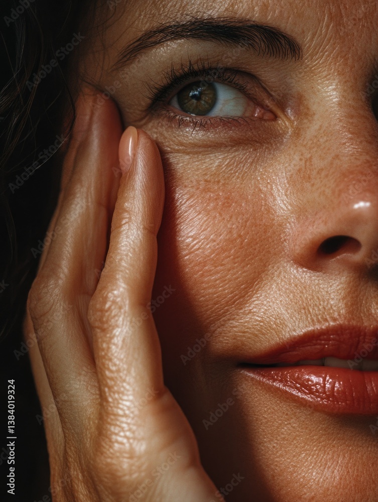 Woman's hand on her cheek emphasizing skin texture and pores.