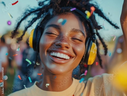 Smiling person wearing yellow shirt, headphones and dancing in colorful confetti.