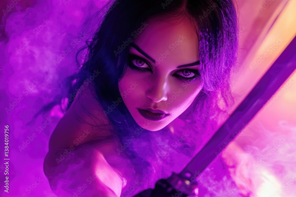 Gothic female warrior wielding a sword in dramatic smoke.