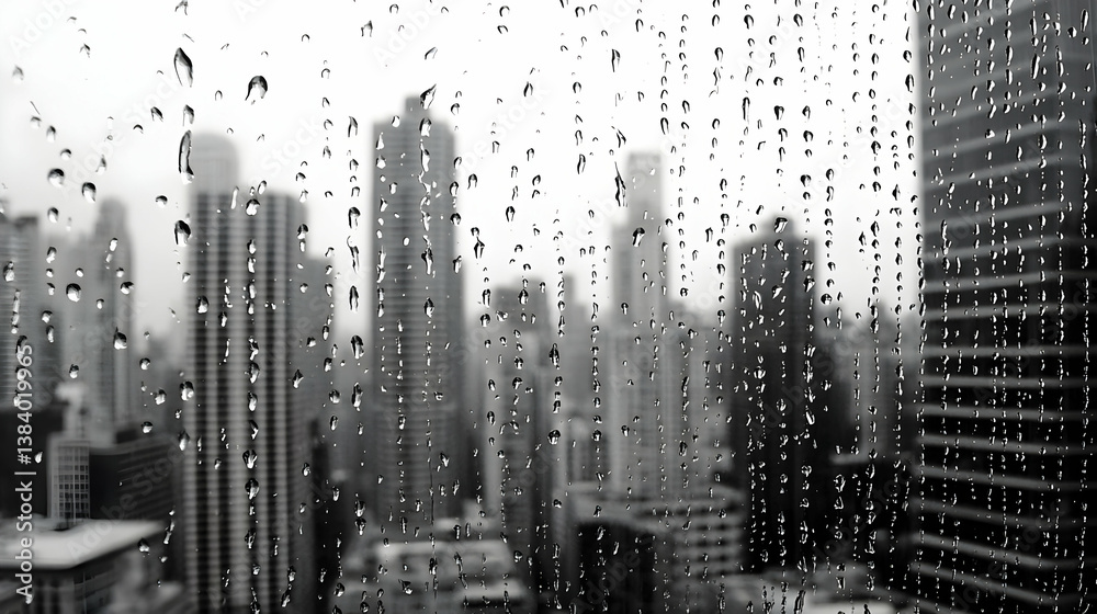 Obraz premium Rainy Cityscape View Through Window