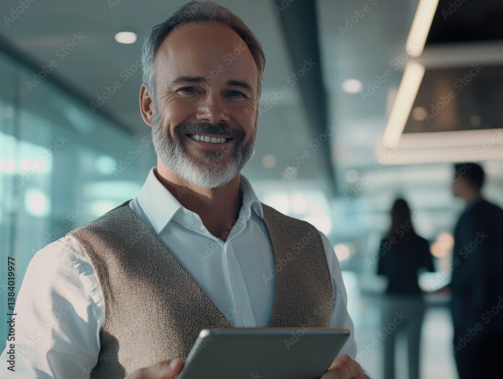 A confident businessman in a corporate setting, using an iPad to manage work.