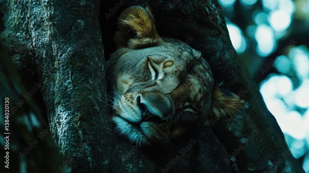 Sleepy little cub nestled safely in a tree trunk.