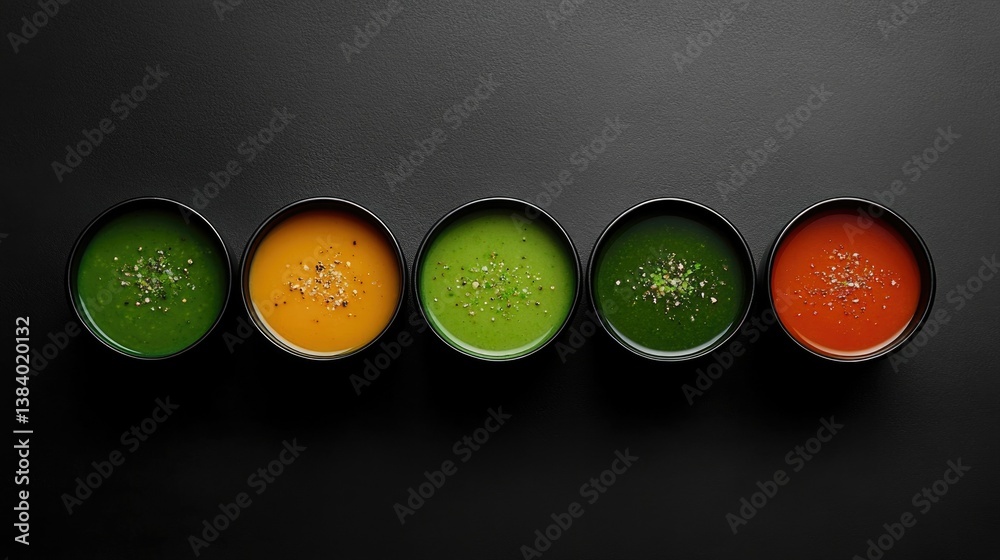 Vibrant soup bowls in colorful order.