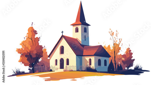 Church in Village Vector Illustration Isolated on White Background