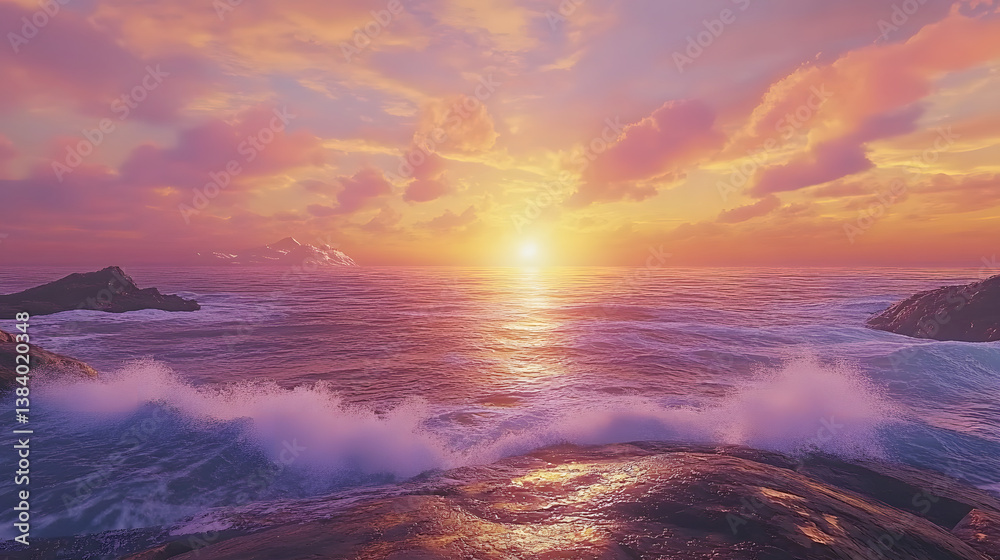 Fototapeta premium Seascape at Sunset: Golden light illuminates the ocean, with waves crashing against rocky shores under a sky painted with hues of pink and orange. Serene and picturesque coastal scene.