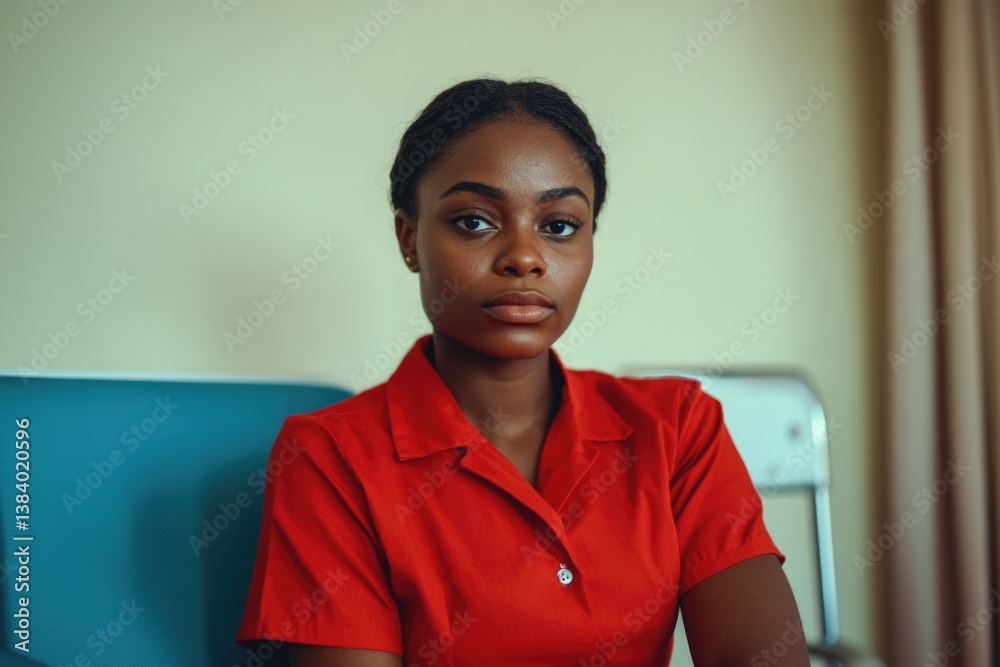 A nurse in a uniform, sitting and looking directly at the camera. Hospital or medical setting.
