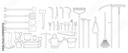 Garden tools set. Vector illustration isolated on white. Black line. Coloring page.