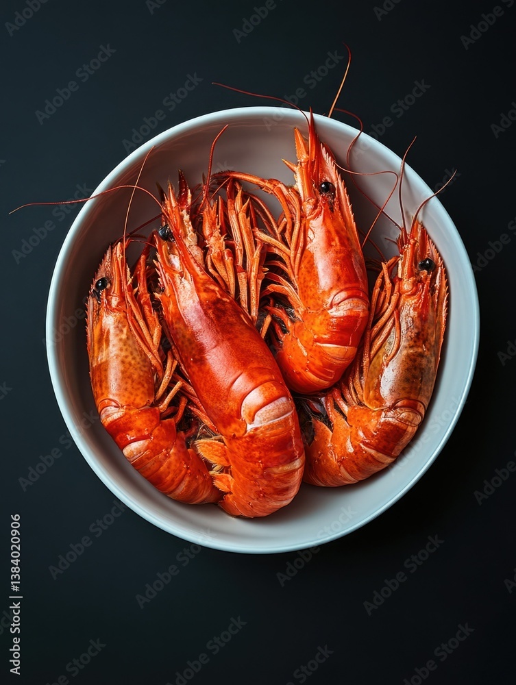 Vibrant cooked shrimp in a dish with black background.
