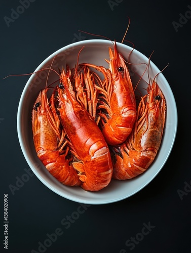 Obraz na płótnie Vibrant cooked shrimp in a dish with black background. w salonie