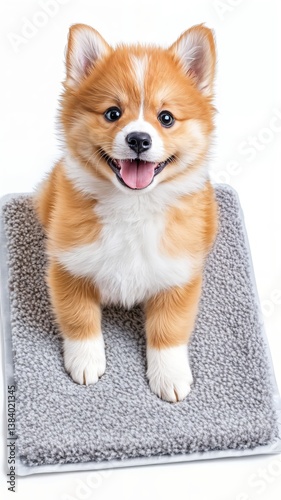 Un adorable cachorro pomerania con una sonrisa está sentado sobre una alfombra gris.