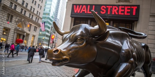 Obraz na płótnie Bull statue on Wall Street captures financial district hustle during a busy day in New York City w salonie