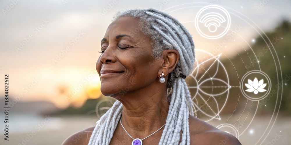 Serene woman with braided gray hair enjoying the sunset on the beach near lush greenery