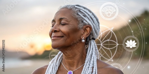 Obraz na płótnie Serene woman with braided gray hair enjoying the sunset on the beach near lush greenery w salonie