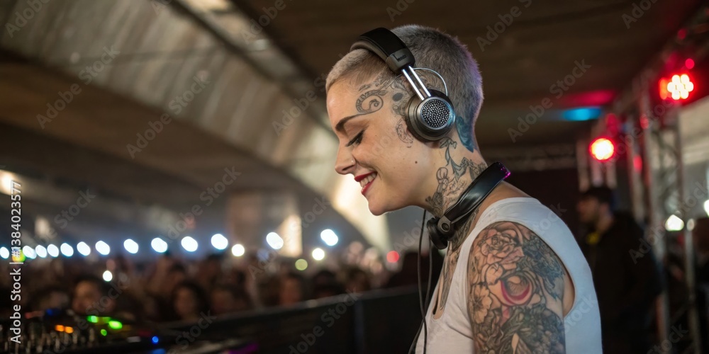 Female DJ performing at a vibrant music event in an urban venue during nighttime with an enthusiastic crowd