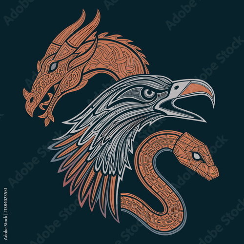 Decoration of the bow of the Viking rook. Design set. Editable hand drawn illustration. Vector vintage engraving. 